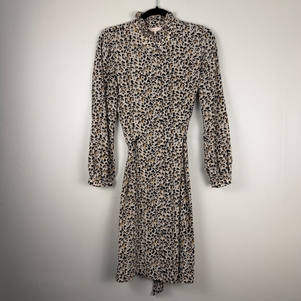 Rebecca Taylor Dress Women's 4 Beige Black Leopard Print Silk Belted Career - Picture 2 of 14